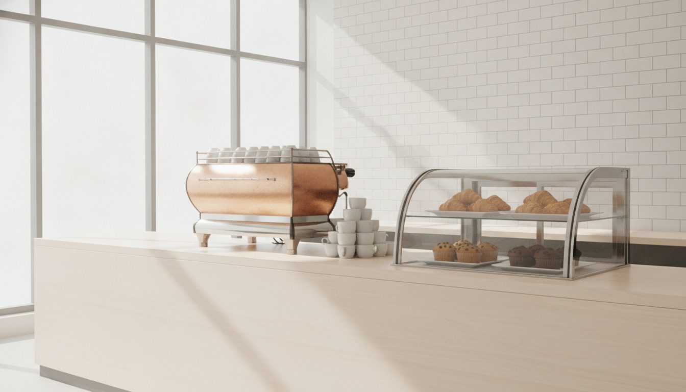 A café counter in morning light with a copper espresso machine, stacked white cups and a glass pastry case.