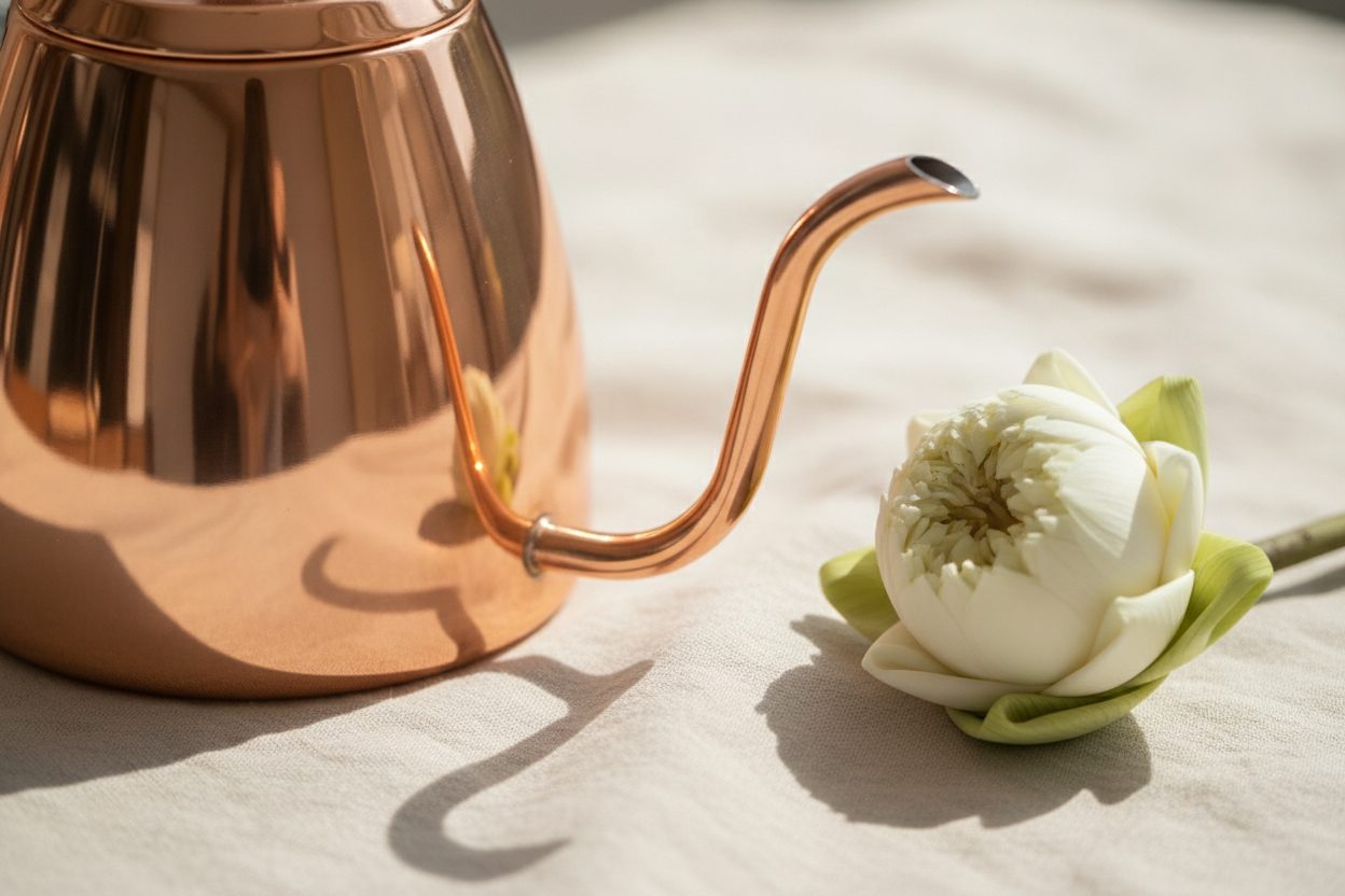 A polished copper pour-over kettle beside a single white lotus flower on pale linen in bright daylight.