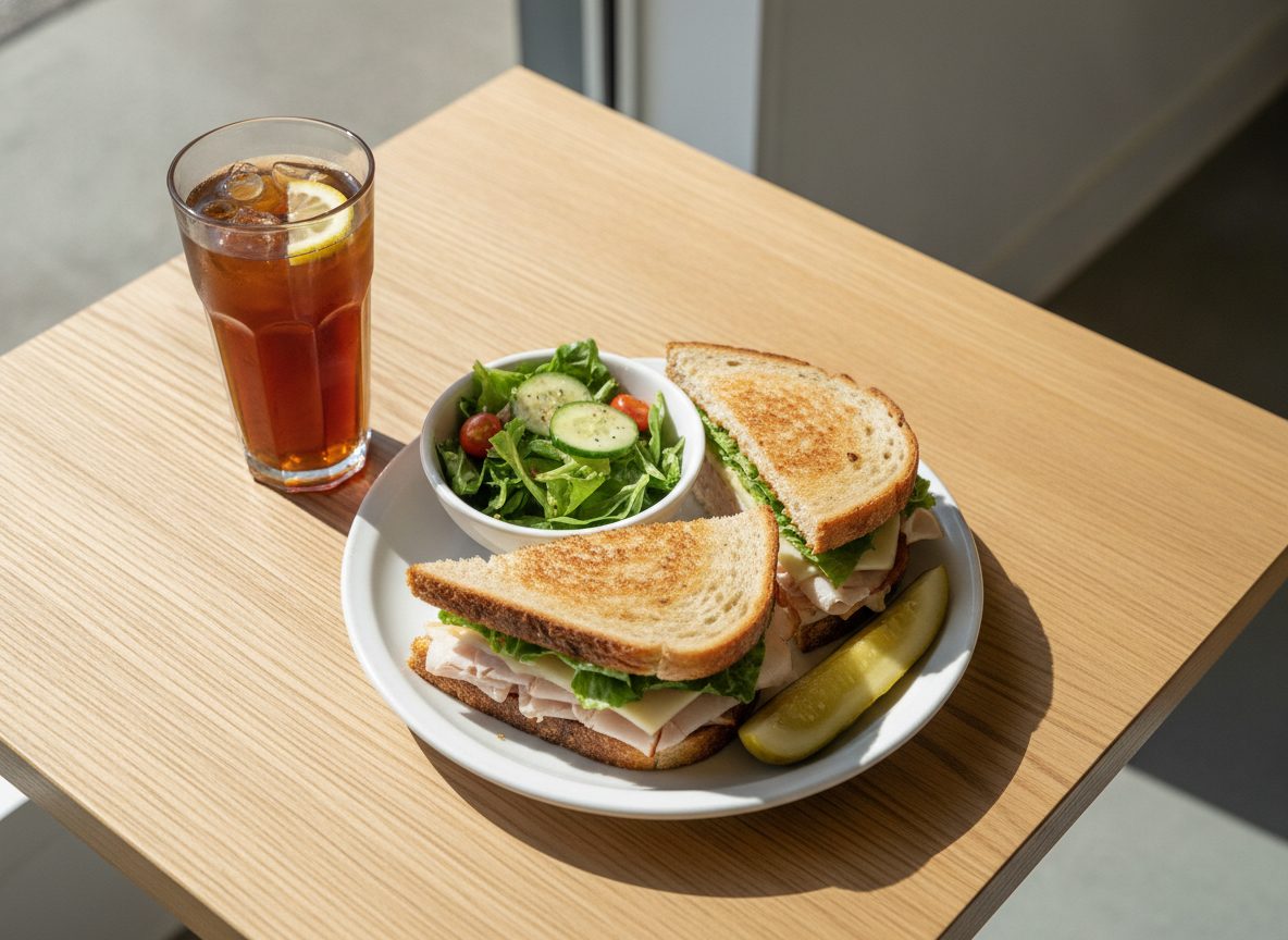 A sandwich cut in half with a side salad, a pickle and a glass of iced tea on a sunlit café table.