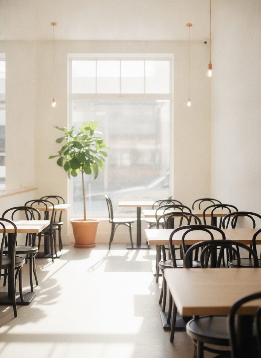 A bright caf&eacute; dining room: pale oak tables, black bentwood chairs, a fig tree in a terracotta pot and daylight across the floor.