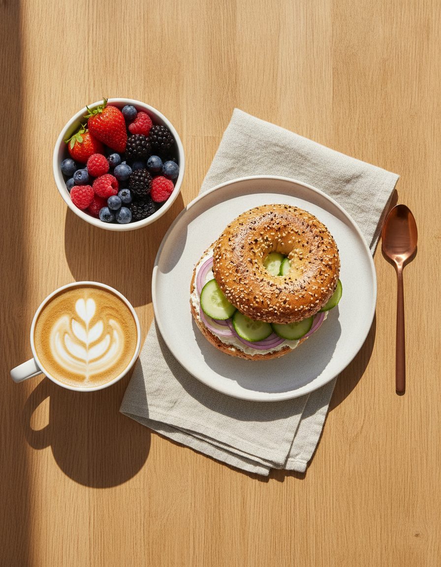 A cappuccino, a toasted everything bagel sandwich and a bowl of berries on a pale oak table in morning light.
